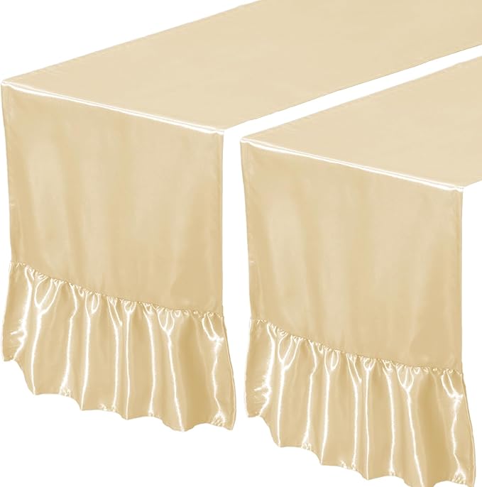 2 Pack Beige Satin Table Runner 12 x 108 Inch | Ruffle Design, Luxurious Dining - Image 7