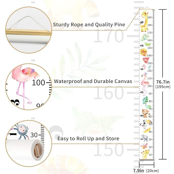 Pink Gray Color Block Growth Chart for Kids Baby Height Chart Ruler Removable Canvas Wooden Frame Hanging Wall Rulers Measurement Charts for Toddler Room Decor - 79"X7.9" with Black Wood