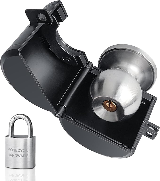Door Knob Locking Cover with Padlock, Heavy Duty All Metal Version, Adjustable Design, Lockout Device to Disable Doorknob, Prevents Turning & Block Keyhole Access, Safety for Child/Elderly
