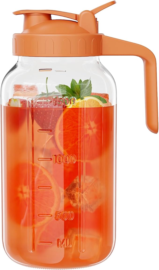 Glass Pitcher with lid, 64 oz Wide Mouth Mason Jar | Dual leak-proof lid by Junvpic