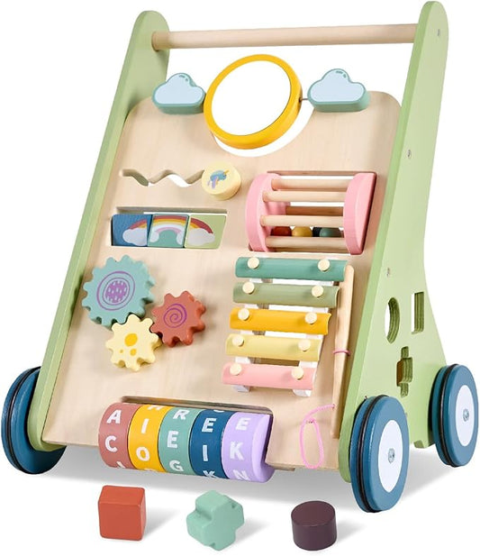 Wooden Baby Walker Wheels,Baby Push Walker for Babies 6-12 Months Montessori,Toddler Walker Push Toy Wooden Activity Walker for Baby Boy,Walking Toys for 1 Year Old Learning to Walk Girl Christmas