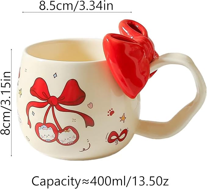 DTIUYIOP-Cute Cherry Cat Ceramic Coffee Mugwith 3D Bow & Bow Spoon | kawaii - Image 2