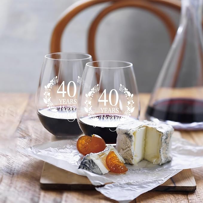 Perfectinsoy 40 Years Happy Anniversary Wine Glass Set of 2, 40th Anniversary - Image 3