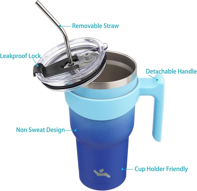 Konokyo 30 oz Tumbler with Handle and Straw, Insulated Travel Mug | Sky; - Image 2