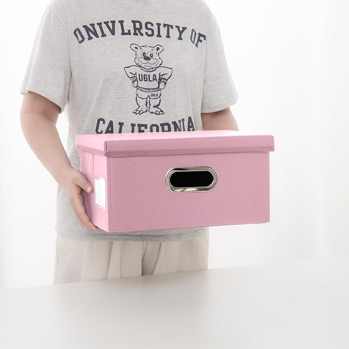 PRANDOM Collapsible Storage Box with Lid [3-Pack] Leather Fabric Foldable Storage Bin Organizer Container Basket Cube with Cover for Home Bedroom Closet Office Nursery Pink(13.6x9.6x6.9)