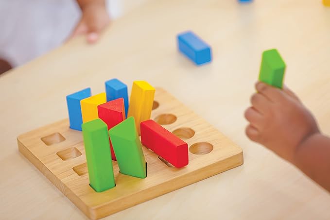 PlanToys Wooden Sorting and Stacking Geometric Peg Board (5125) | Sustainably Made from Rubberwood and Non-Toxic Paints and Dyes