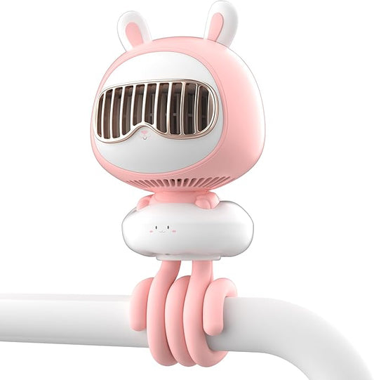 Cute Bunny Stroller Fan Clip On for Baby, Bladeless Fan 4000mAh Rechargeable Battery Operated, Flexible Tripod, 4 Speeds, Auto Oscillating, Small Cooling Fan for Kids