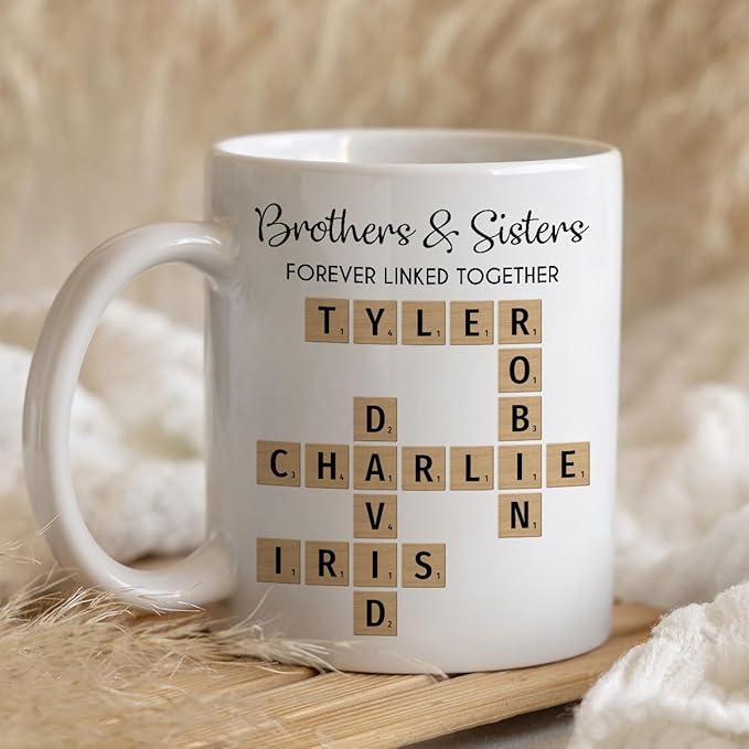 Trending Custom Brothers And Sisters Forever Linked Together Crossword Puzzle Art Personalized Mug, Gift For Brothers, Sisters, Siblings, Family Member on Birthday Christmas