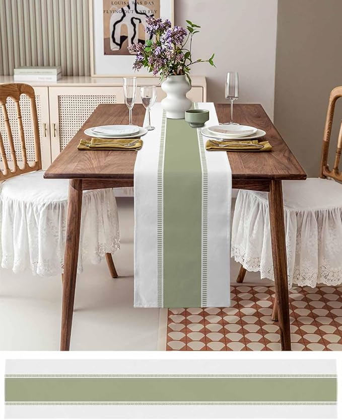 Sage Green Stripe Table Runners 108 inches Long, Linen Boho Table Runner - Image 3