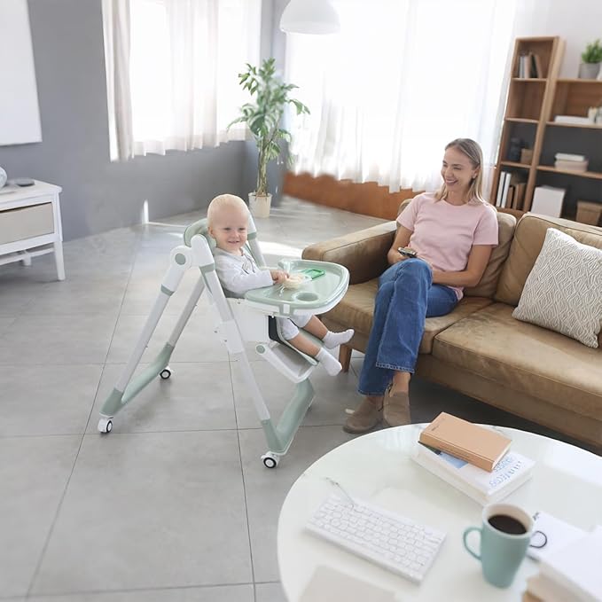 3-in-1 Foldable High Chair for Babies & Toddlers – Adjustable Height, Reclining Seat, 5-Point Safety Harness, Removable Tray, Lockable Wheels, Washable Cushion – Portable & Easy Clean, Green