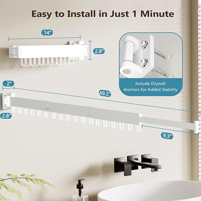 JAUREE Clothes Drying Rack Wall Mounted, Laundry Drying Rack Collapsible, Space Saving Wall Drying Rack Clothing Foldable, Tri-Fold Retractable Rack Outdoor Indoor with 18 Hooks, White