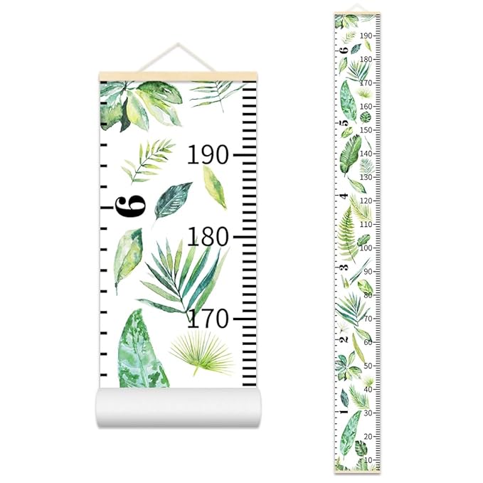 Green Plants Growth Chart for Kids Baby Height Chart Ruler Removable Canvas Wooden Frame Hanging Wall Rulers Measurement Charts for Toddler Room Nursery Decor - 79"X7.9" with Beige Wood
