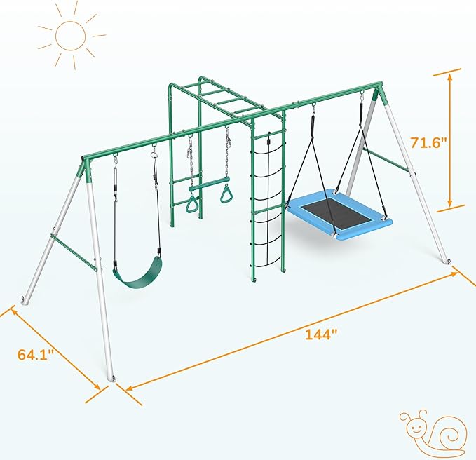 Hapfan Swing Sets for Backyard with Monkey Bars, Belt Swing, Platform Swing, Climbing Net, Trapeze Bar, Outdoor Playset for Kids