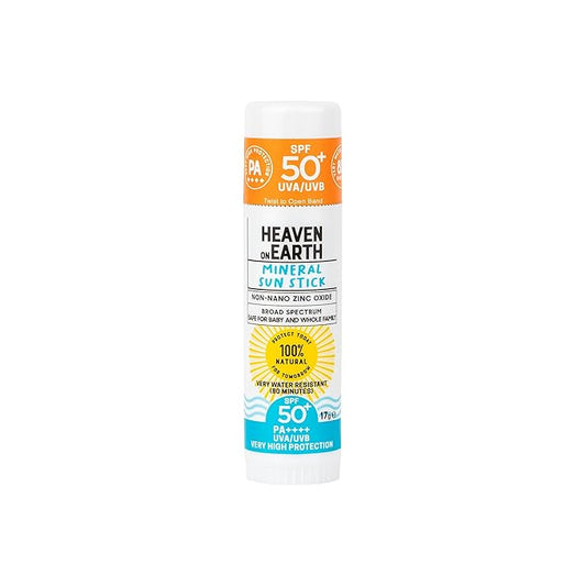 Heaven on Earth Mineral Sunscreen Stick SPF 50+ 100% Natural Non Nano Zinc Oxide, Organic Ingredients, Broad Spectrum UVA/UVB Protection for Kids, Babies, Adults