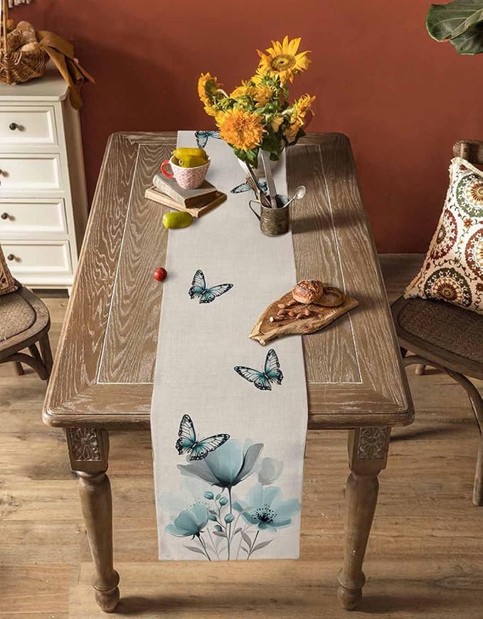 Turquoise Floral Table Runners 48 Inches Long, Spring Flowers Butterfly Table - Image 4