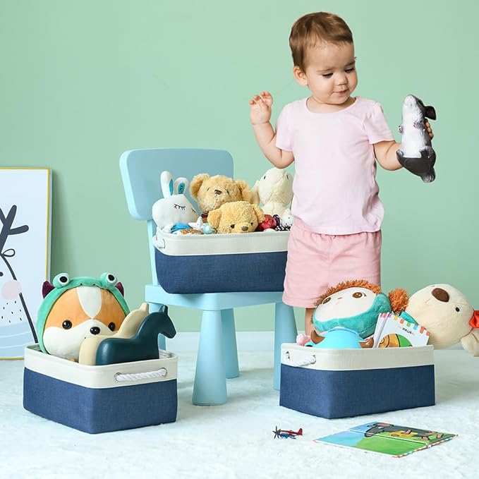 TheWarmHome Storage Bins for Shelves - 1 Pack 13.8x9.7x6.7 inch Collapsible Storage Basket for Organizing, Dog Toy Bin for Closet Organizer laundry Cloth Nursery (White & Jean Blue)