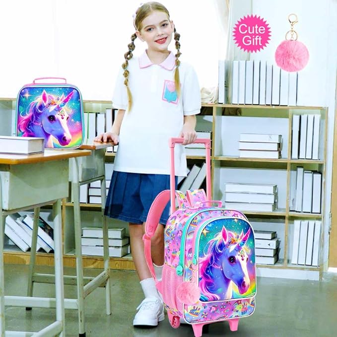 gxtvo Girls Rolling Backpack, Cute Unicorn Roller Wheels Kids Bookbag - Wheeled Elementary School Bag - 3PCS Unicorn
