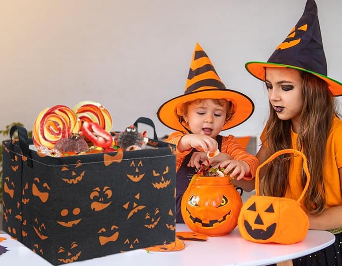 HIYAGON Rectangular Halloween Basket for Boys and Girls Kids Trick or Treat Pumpkin Basket for Halloween Parties Cute Storage Bin Organizer Box Room Decor(Black Pumpkin)