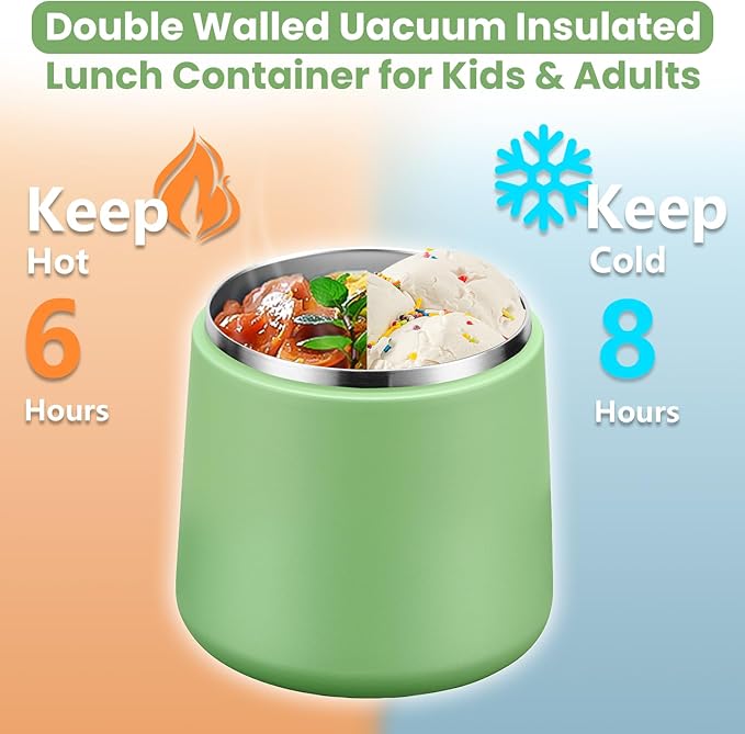 20oz Insulated Vacuum Food Jar with Buckle Lid,Soup Thermo for Hot Food Kids,Wide Mouth Leakproof Stainless Steel Lunch Container with Spoon-Green