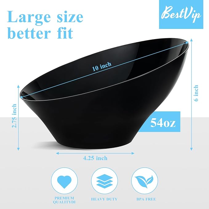 BESTVIP 54 Oz Black Plastic Angled Serving Bowls, 12 Pack | Disposable Bowls - Image 2