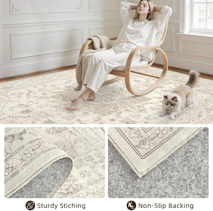 Round Area Rug for Living Room: 8ft Vintage Boho Neutral Washable Circle Rug - Image 7