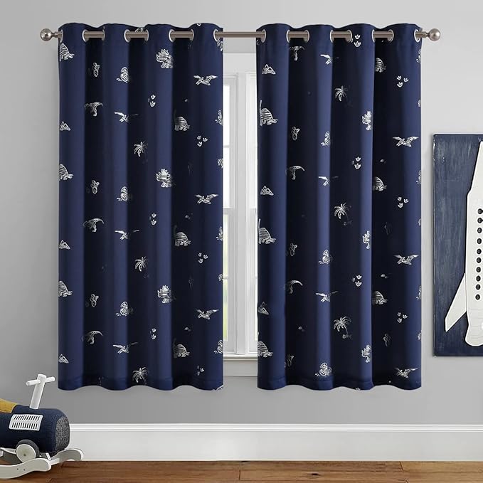 Vangao Kids Curtains Navy Blue Blackout Dinosaur Curtains for Boys Kids Nursery Girls Room Silver Dino Foil Print Thermal Insulated Drapes Grommet Top Window Treatments 63 Inches Length 2 Panels