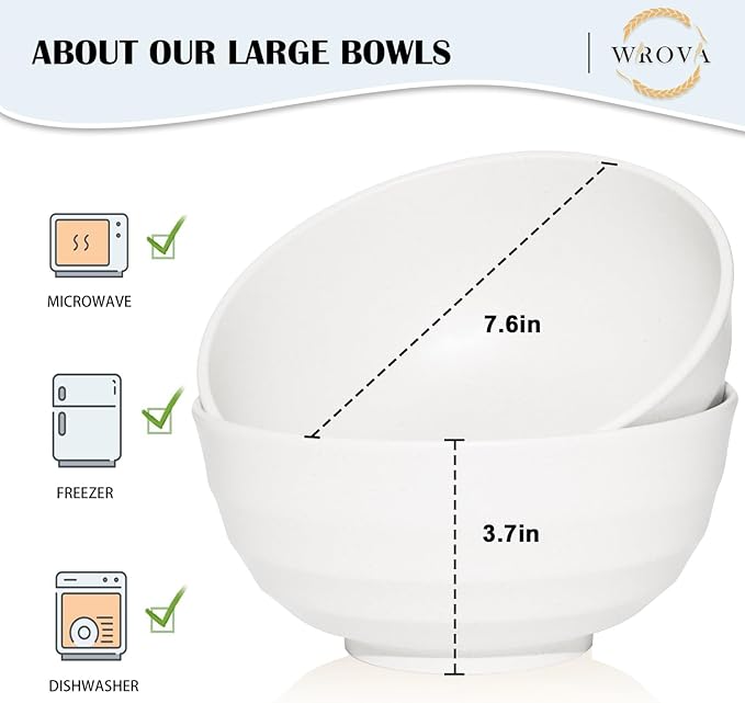 Wheat Straw Bowls Set 60 OZ, Unbreakable Large White Bowls Set of 6, Microwave - Image 2