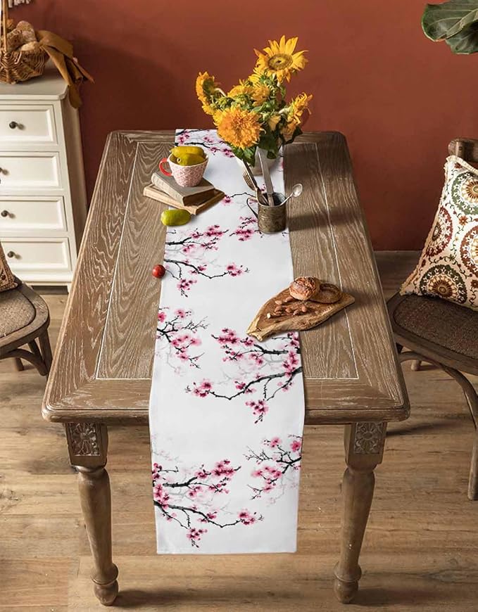 Pink Cherry Flowers Table Runners 108 Inches Long, Cotton Linen Fabric Table - Image 4