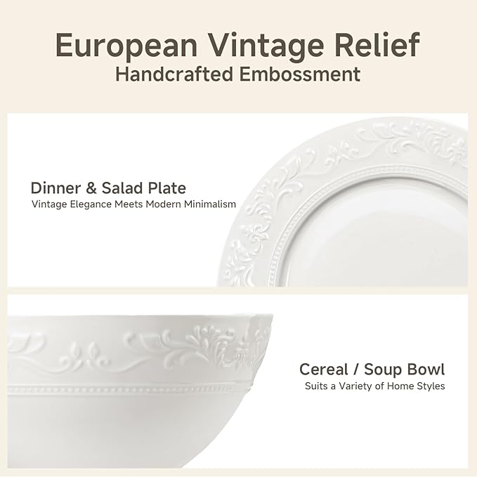 24Pcs Vintage Relief White Bone China Set, Service - Image 4
