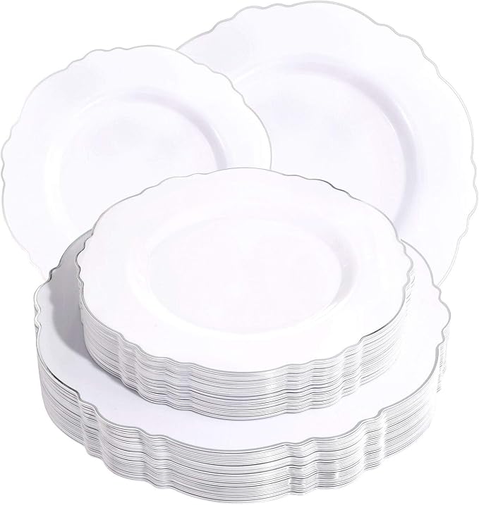60pcs Silver Plastic Plates-Baroque White &Silver Plates by WDF