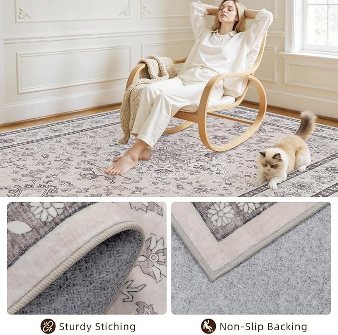 8x10 Area Rugs for Living Room: Vintage Boho Neutral Washable Rug Indoor Soft - Image 4