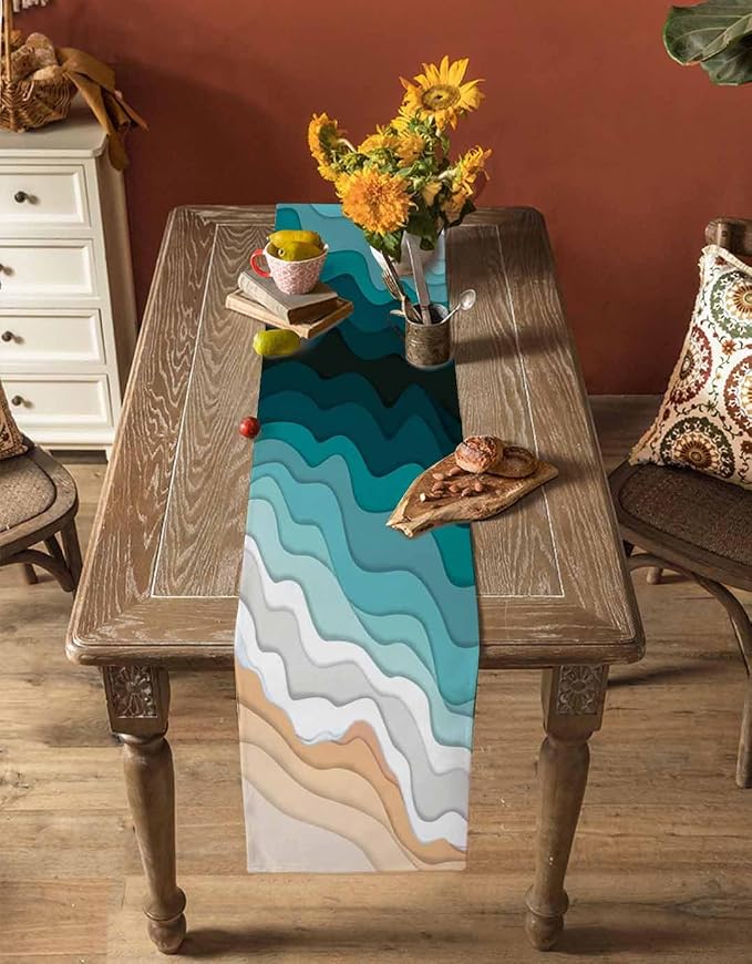 Turquoise Geometric Beach Short Table Runners 48 Inches, Cotton Linen Fabric - Image 4