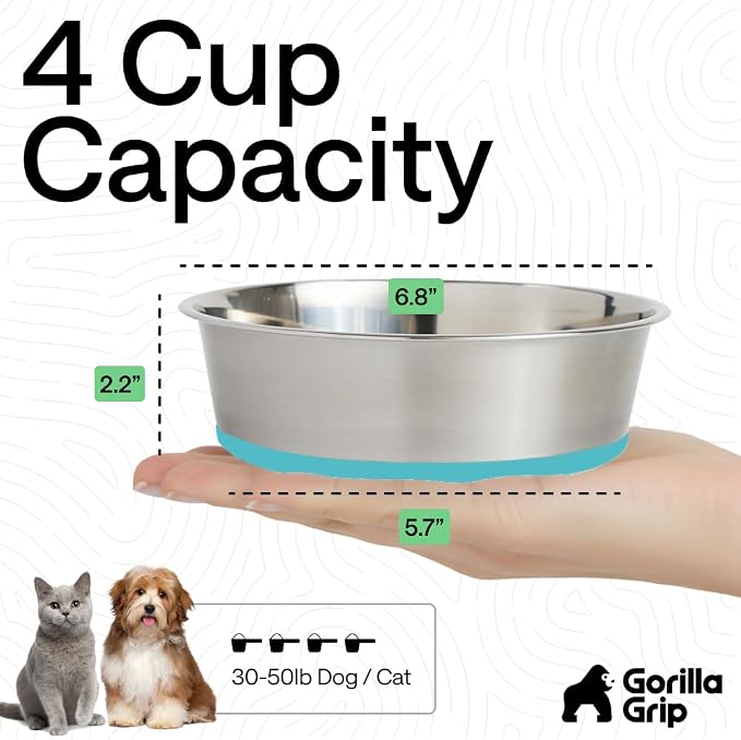 GORILLA GRIP Dog Bowls, Food Grade 304 Stainless Steel Holds 4 Cups Each Food - Image 4