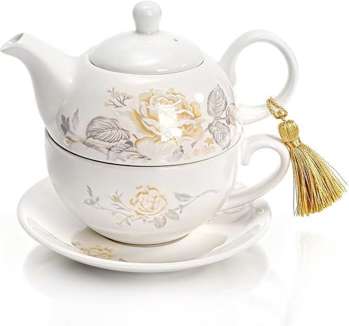 Tea for One Set, Porcelain Floral Teapot Cup Saucer Set | Vintage Bone China by Nagpew
