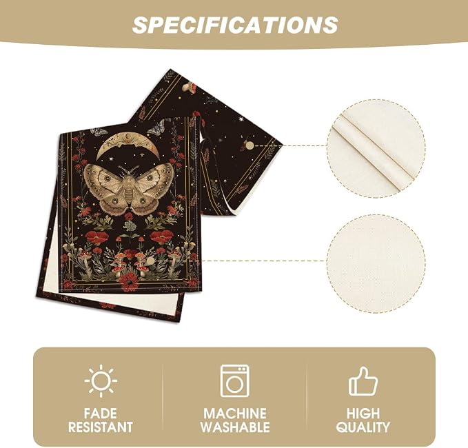 Artoid Mode Poppy Moth Mushroom Moon Fall Table Runner, Seasonal Autumn Kitchen - Image 6
