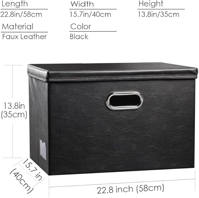 PRANDOM Extra Stackable Storage Bins with Lids [3-Pack] Leather Fabric Foldable Storage Boxes Organizer Containers Baskets Cube with Cover for Bedroom Closet Office Nursery Black (22.8x15.7x13.8)