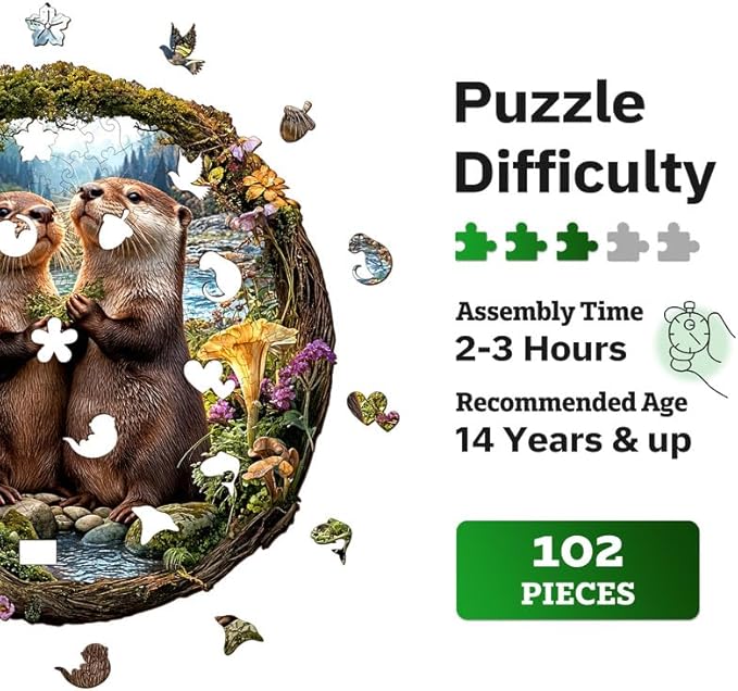 Jigfoxy Wooden Puzzles for Adults, Otter Couple Wood Puzzles Adult, Unique Animal Shape Wooden Jigsaw Puzzles for Adults, Birthday Gifts for Puzzle Lovers Family Friend (S-8.1 * 8.4in-102pcs)