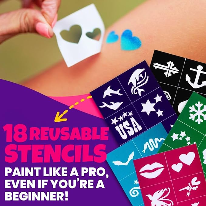 Blue Squid Body Crayon Sticks & Face Paint Kit Bundle - 18 XL Crayons & Markers for Skin & 18-color Face Painting Kit for Kids with 24x Stencils, Brushes, and Design Book, Ideal for Toddlers & Parties