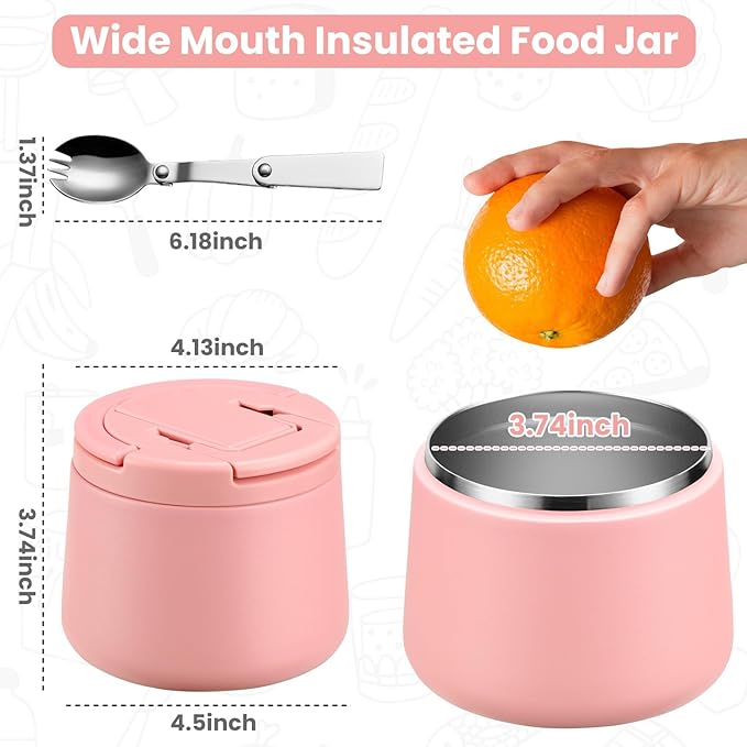 14oz Insulated Vacuum Food Jar with Buckle Lid,Soup Thermo for Hot Food Kids,Wide Mouth Leakproof Stainless Steel Lunch Container with Spoon-Pink