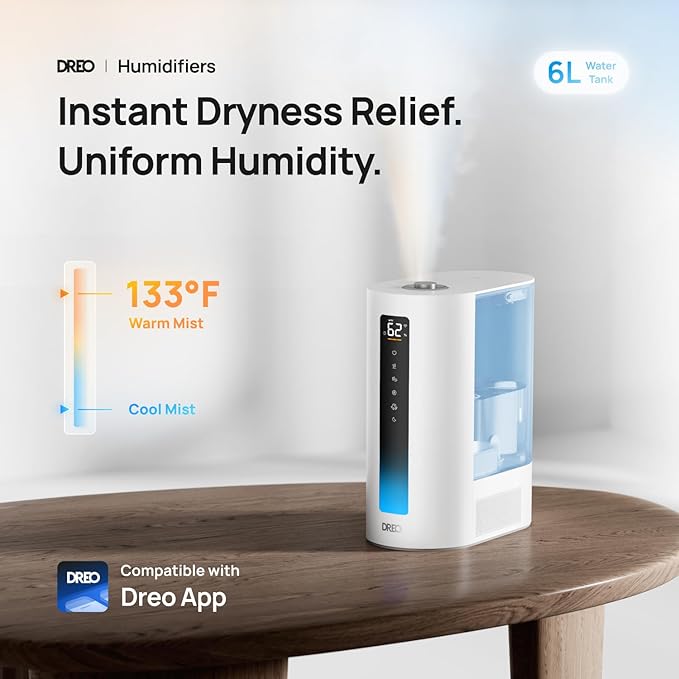 Dreo 6L Humidifiers for Bedroom, Smart Warm & Cool Mist for Large Room, 60Hr Quiet Runtime for Baby, Plant, Humidity Sensor, Indicator Light, 12H Timer, Google/Alexa, Blue