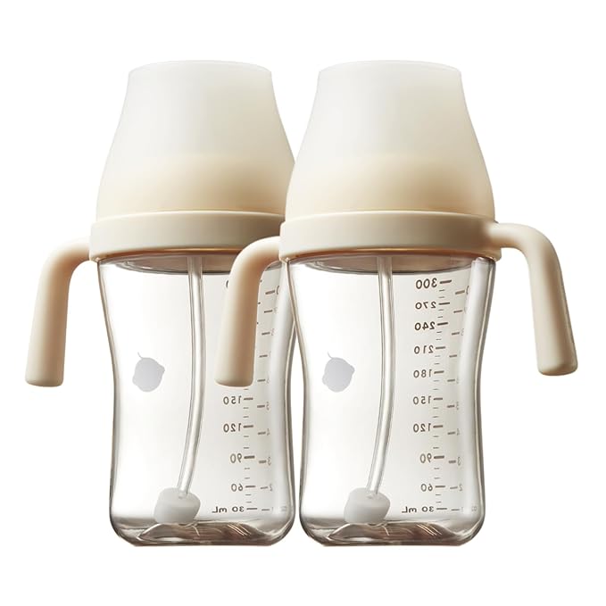 Bc babycare Sippy Cup Learner for 6+ Month Old with Nipples & Handles, Spill Proof Sippy Cup, Weighted Straw Toddler Cups, Anti-Choking Baby Cups 2 Packs, Beige