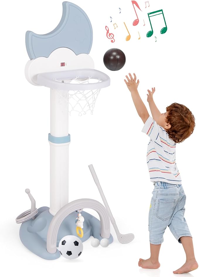 Costzon Kids Basketball Hoop with Electronic Scoreboard Cheer Sound, 4 in 1 Height Adjustable Toddler Basketball Hoop with Soccer, Golf, Ring Toss Game for Indoor Outdoor, Gift(Light Blue Moon)