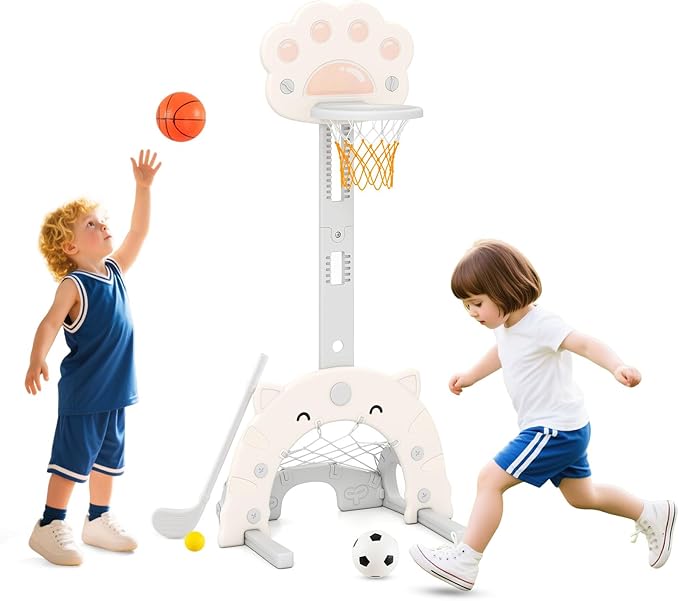 Costzon 3 in 1 Toddler Basketball Hoop, Height Adjustable Kids Sports Center w/Foldable Basketball, Soccer & Golf Game, Indoor Outdoor Activity Playset w/Foldable Rim, Gift for Children Baby Infant