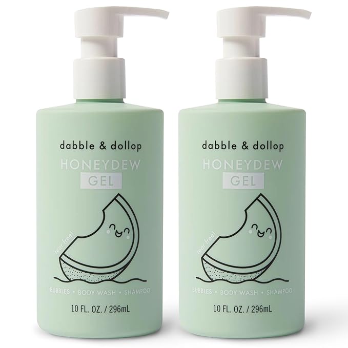 Dabble & Dollop Honeydew Melon Body Wash & Shampoo – 3-in-1 Natural Bubble Bath for Kids, Made in USA, No Parabens or Sulfates, Vegan, Gluten-Free, Tear-Free (10oz, Pack of 2)
