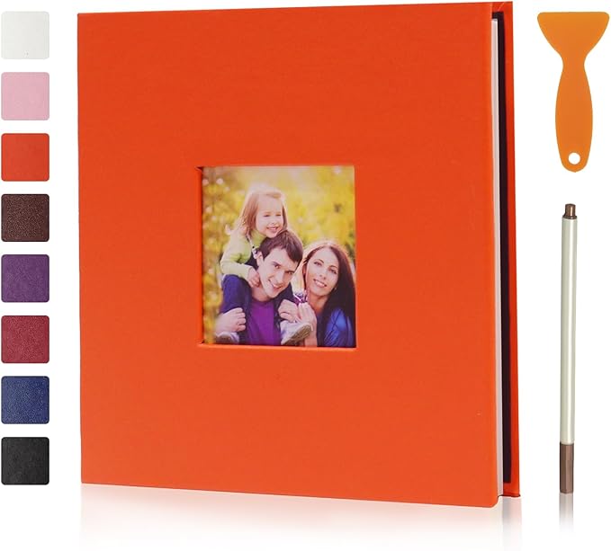 RECUTMS Photo Album Self Adhesive Magnetic Scrapbook 4x6 5x7 8x10 Pictures Scrapbook Album, 40 Pages Photo Book for DIY Baby Family Wedding with Metal Pen and Plastic Board (Orange)