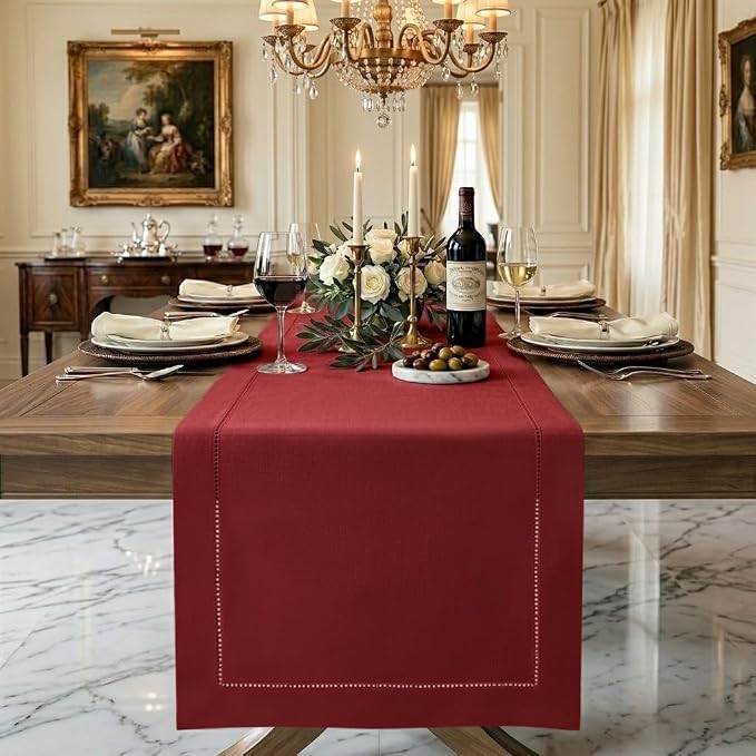 Signature Linen™ by D'Moksha Red Table Runner 132 Inches Long, 100% Pure Linen by DMokshaHomes