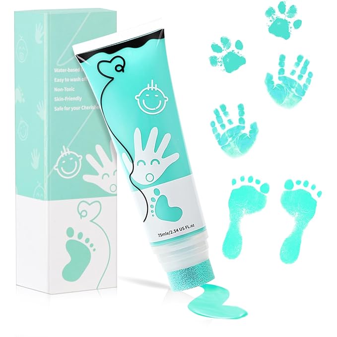 75ml Mint Green Baby Hand and Footprint Ink Kit, Baby Handprint Footprint Paint for Newborn Keepsake, Dog Cat Paw Print Kit, Washable, Non Toxic Acid-Free, Safe Gentle for Ideal New Mom Gifts