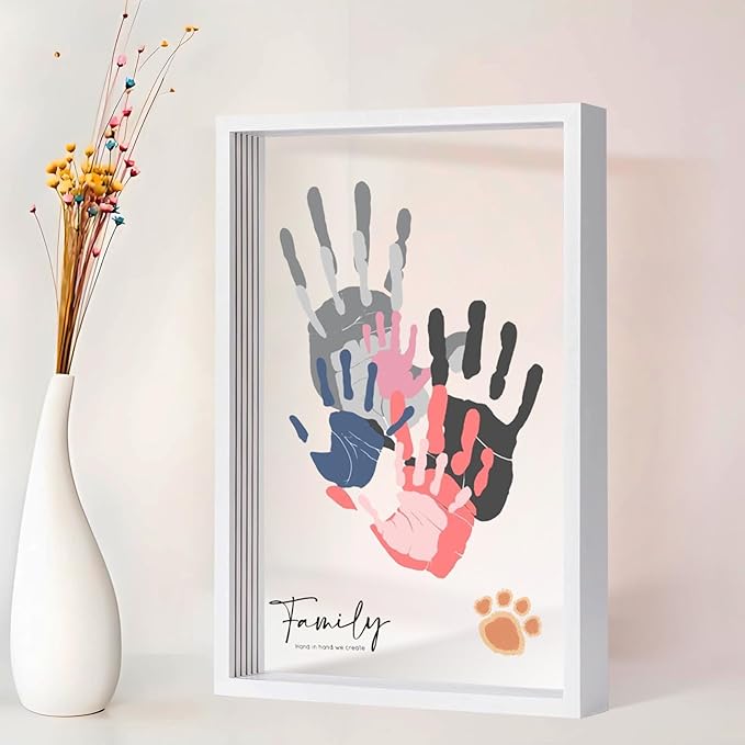 Family Handprint Kit,DIY Colorful Craft Keepsake Family Art Baby Newborn Hand and Footprint Wooden Frame for Home Decor Family Gifts Set(5 Sheets with 8 Colors) (White)