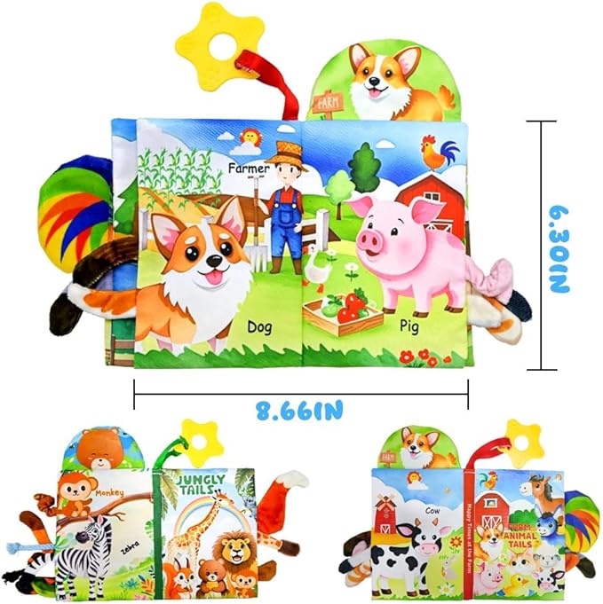 Kimicare 2 PCS Baby Books 0-6 Months, Crinkle Books for Babies, Jungle Tails Soft Cloth Book for Babies 6-12 Months, Infant Farms Sensory Book, Tummy Time Toys
