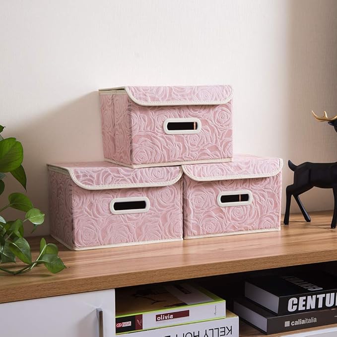 PRANDOM Collapsible Storage Boxes with Lids Fabric Decorative Storage Bins Cubes Organizer Containers Baskets with Cover Handles Divider for Bedroom Closet Living Room 9.8x7.9x6.7 Inch 3 Pack